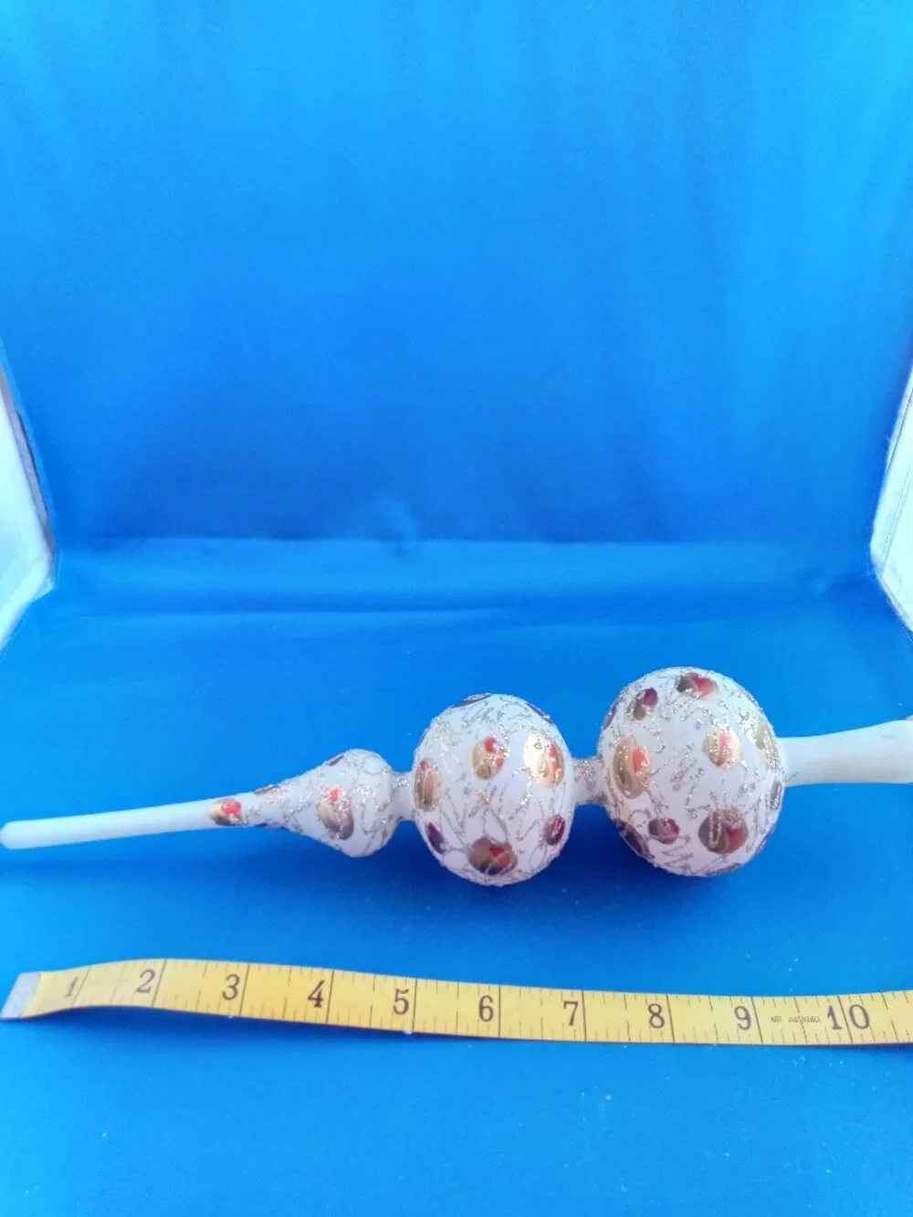 Vintage glass finial Christmas tree topper frosted white with gold glitter swirl